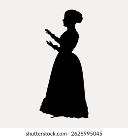 Silhouette of a woman in a long dress, hands raised. Vintage style, elegant silhouette, woman in profile. Black silhouette on a light background. Vintage character art illustration vector.