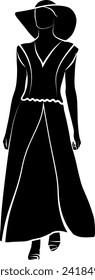 Silhouette of a woman in a long dress and hat. Vector illustration