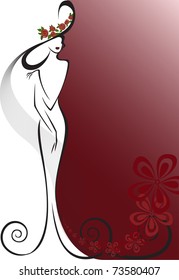 silhouette of a woman in a long dress and hat on the background with flowers