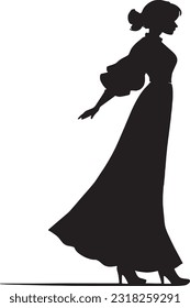 Silhouette of a woman in a long dress on a white background