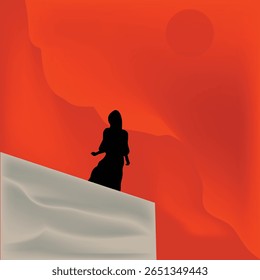 A silhouette of a woman in a long dress poses atop a concrete platform against a red sky.