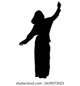 Silhouette of Woman in Long Dress Posing with Raised Arm on White Background