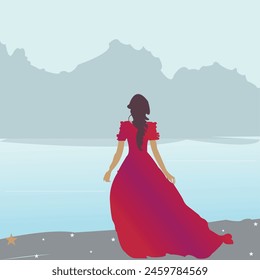 Silhouette of a woman in a long dress standing in front of the sea 