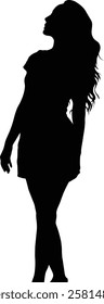 Silhouette of a woman with long hair, looking up, in a simple dress.