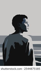 Silhouette of a woman looking out to a horizon, minimalist vector illustration in blue and gray tones. Perfect for social media posts, blog articles, or website design.