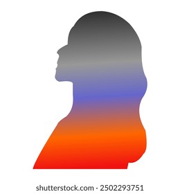 silhouette of a woman with loose hair against a background of evening twilight color gradations