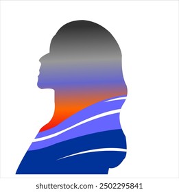 silhouette of a woman with loose hair against a background of waves and gradations of twilight colors