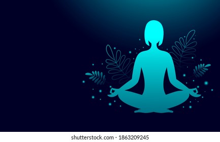 Silhouette of a woman in a lotus position on a dark background, neon gradient, yoga class, meditation. Banner design with copy space. Vector stock illustration.
