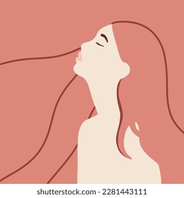 Silhouette woman with love in her heart. Girl with long pink hair and pink lips in profile view. Self-care and body-positive concept. St Valentine's day card.