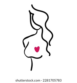 Silhouette woman with love in her heart. Girl with long pink hair and red lips in profile view. Self-care and body-positive concept. St Valentine s day card