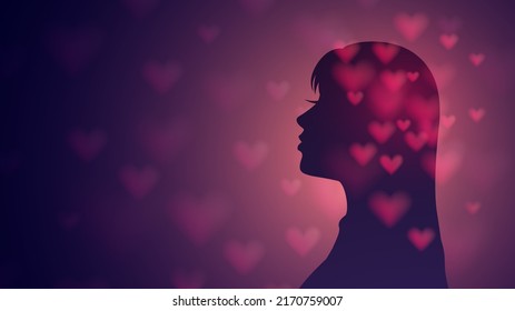 Silhouette of a woman in love on a pink background and blurry hearts