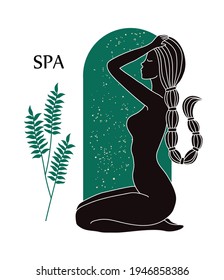 Silhouette de una mujer. Chica mágica. Fern sprig. Un símbolo de la feminidad. La mujer en la naturaleza; tratamientos de spa. Cuidado corporal. Medicina oriental. La belleza natural; concepto de cosmetología. Salón de recreo.