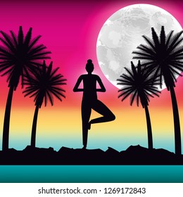 silhouette woman making yoga in tropical panorama