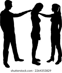 Silhouette of a woman and a man morally support another sad woman. Concept of support and help for people experiencing stress, grief and depression. Vector Silhouette