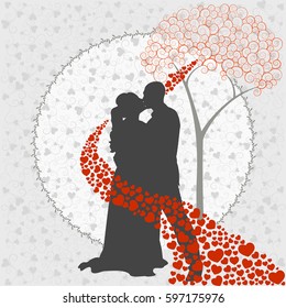 Silhouette of woman and man on background of hearts