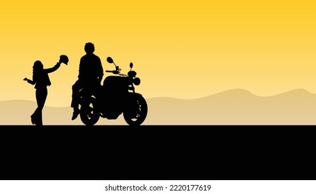 Silhouette of a woman and man standing beside a motorcycle on a dark background. Vector illustration.