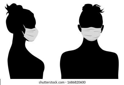 Silhouette of woman in medicine face mask. Concept of coronavirus quarantine and flu protection. New epidemic (covid-19). Vector people icons.