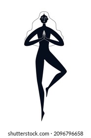 Silhouette of a woman meditating in the air isolated. A woman is in a state of harmony and weightlessness over the earth. Black on white vector illustration of a female silhouette on a white