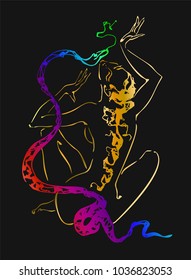 Silhouette of woman meditating, Kundalini energy . Energy in the form of of of the snake, rising upward. Ezoteric. Vector.