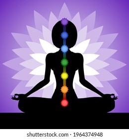 Silhouette of a woman meditating in the lotus position. Yogi girl with chakras. Vector illustration.