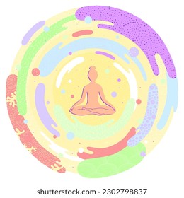 Silhouette of a woman meditating in a lotus position in the center of an abstract circle with textures. Vector illustration for yoga and spiritual practices