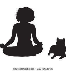 Silhouette of Woman Meditating in Lotus Position with Dog Sitting Beside Her