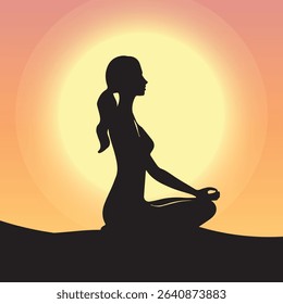 Silhouette of a woman meditating in lotus position during sunrise. Peaceful and spiritual scene with a glowing sun and soft gradient background. 