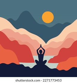 Silhouette of a woman meditating in the mountains at sunrise near the lake