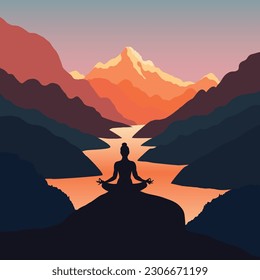 Silhouette of a woman meditating in the mountains at sunrise near the river