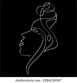 A silhouette of woman. Minimalistic face line art. Black and white. Black background. One line drawing.