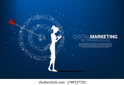 Silhouette woman with mobile phone with point dartboard from marketing icon . Business Concept of marketing target and customer