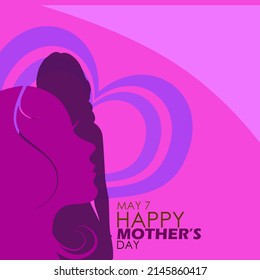 Silhouette of woman as a mother with hearts and pink abstract background with bold texts, Mother's Day May 8