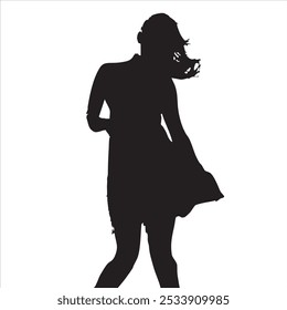 Silhouette of a woman in motion, her dress flowing gracefully against a white background.