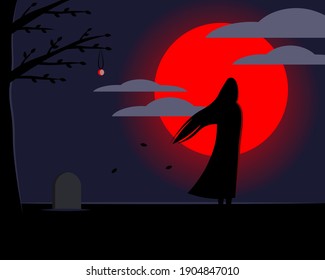 Silhouette of a woman on the background of the red moon. Asian style. Lonely woman. Woman with long hair. Revenge and sorrow concept. Dark night. Female goes away from grave. Single silhouette. Scary