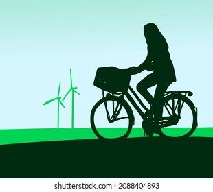 silhouette of a woman on a bicycle with windmills in the landscape, with color green