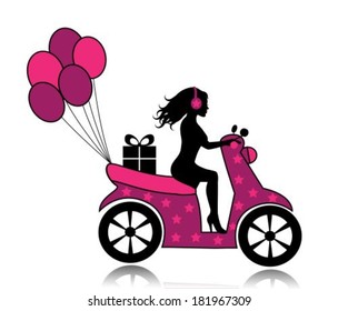 silhouette of a woman on a motorcycle driven by a gift and balloons