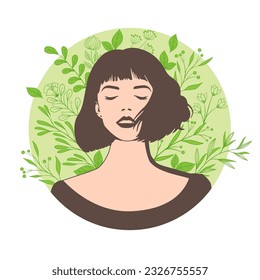 Silhouette of a woman on a round green background wiht leaves. Vector minimalist portrait of female. Mental health awareness icon.
