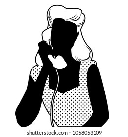 Silhouette of woman on the vintage phone. Retro style.