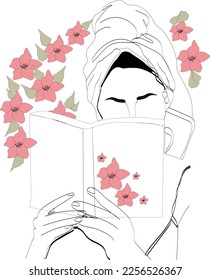 Silhouette woman and an open book  Woman   flowers  Drawing and one line 
