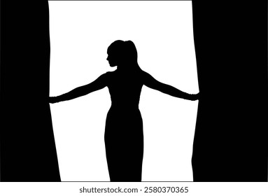 Silhouette of a woman opening curtains, revealing a bright space.