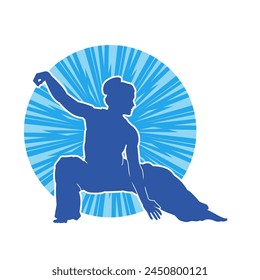 Silhouette of a woman in oriental martial art pose. Silhouette of a female in martial art move.