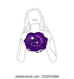 Silhouette of a woman with an outer space in her chest. A state of trance, illumination and deep meditation concept. A spiritual journey in the universe, continuous line drawing vector illustration.