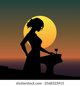 silhouette of a woman overlooking the ocean at sunset. long dress, hair tied up in a bun. glass of wine in hand. The sky is orange-yellow against the backdrop of the setting sun. 