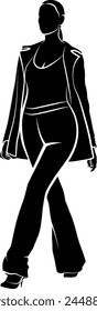 Silhouette of  Woman In Pants And Jacket. Vector monochromatic illustration