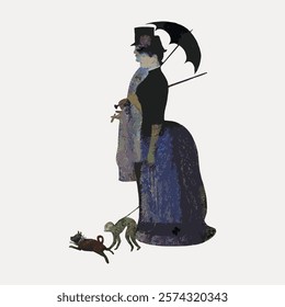 Silhouette of a woman with a parasol, walking two dogs. Victorian attire, vintage style. Woman, parasol, dogs in a classic, elegant silhouette. Vintage women’s fashion illustration isolated, vector.