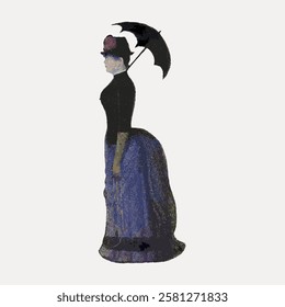 Silhouette of a woman with a parasol, wearing a long dress and hat. Vintage style, elegant and classic. Timeless fashion, historical charm, and grace. Vintage woman illustration isolated, vector.