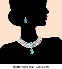 Silhouette of a woman with a pearl necklace and earrings