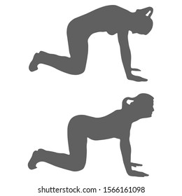 Silhouette of a woman performing fitness exercise "cat". The concept of performing physical exercises by a girl and outdoor activities, healthy lifestyle. Isolated vector on a white background.