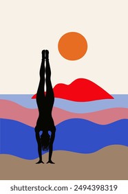 Silhouette of Woman Performing Handstand on Beach at Sunset with Colorful Landscape