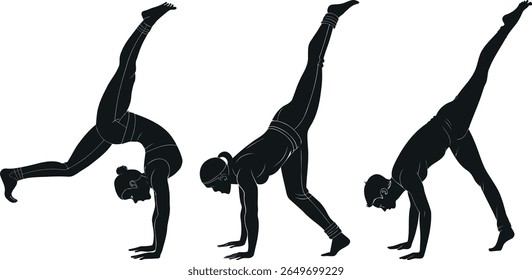 Silhouette of woman performing handstand yoga pose against transparent background